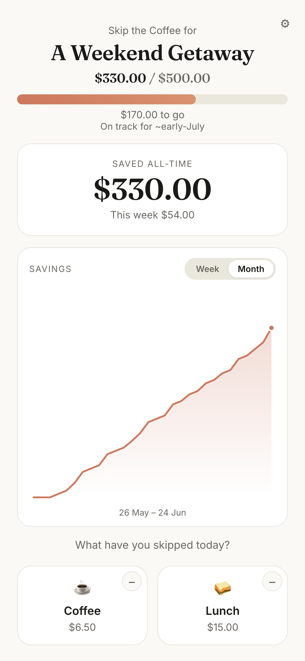The Skoffee home screen showing savings climbing toward a goal